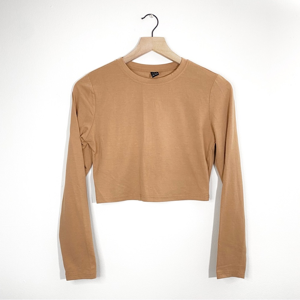SHEIN Brown Long Sleeve Cropped Bodycon Shirt Womens M